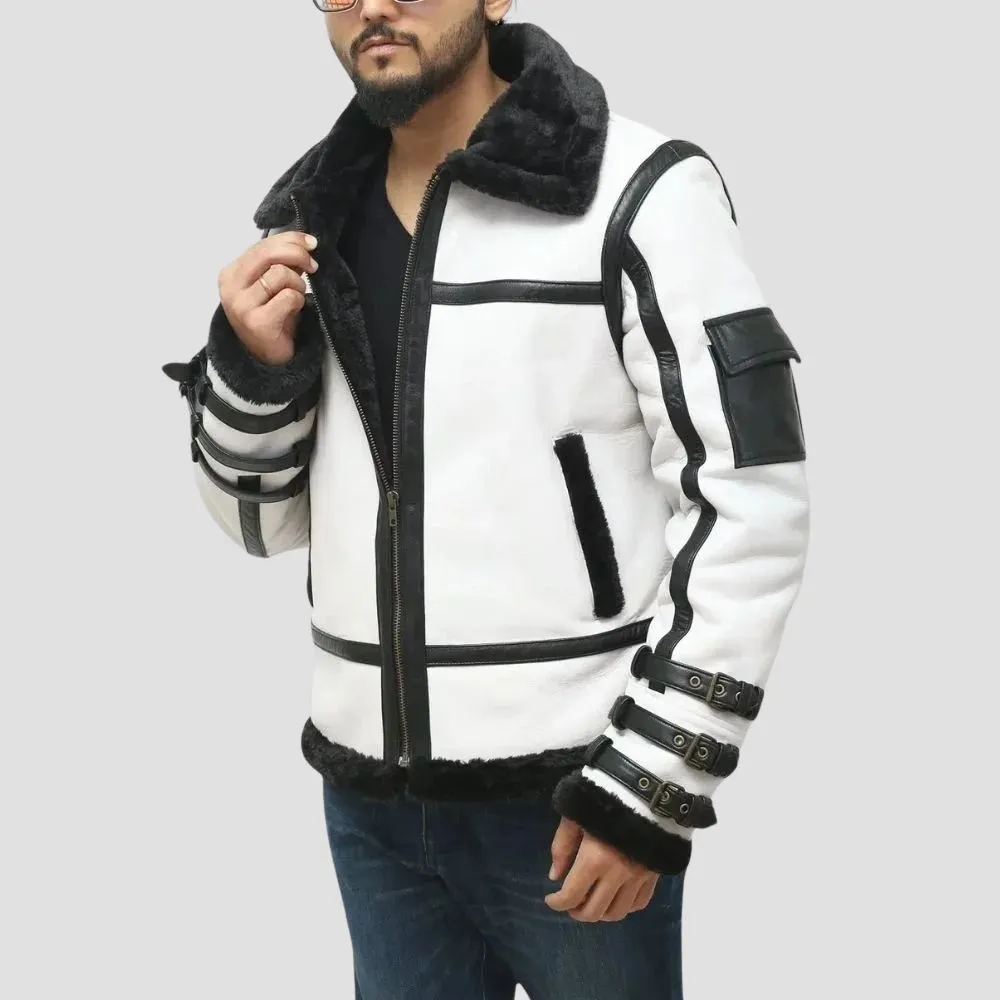 Designer White Leather Jacket With Shearling Lining For Men