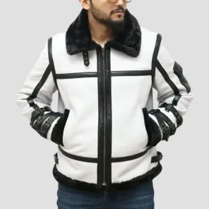 Designer White Leather Jacket With Shearling Lining For Men