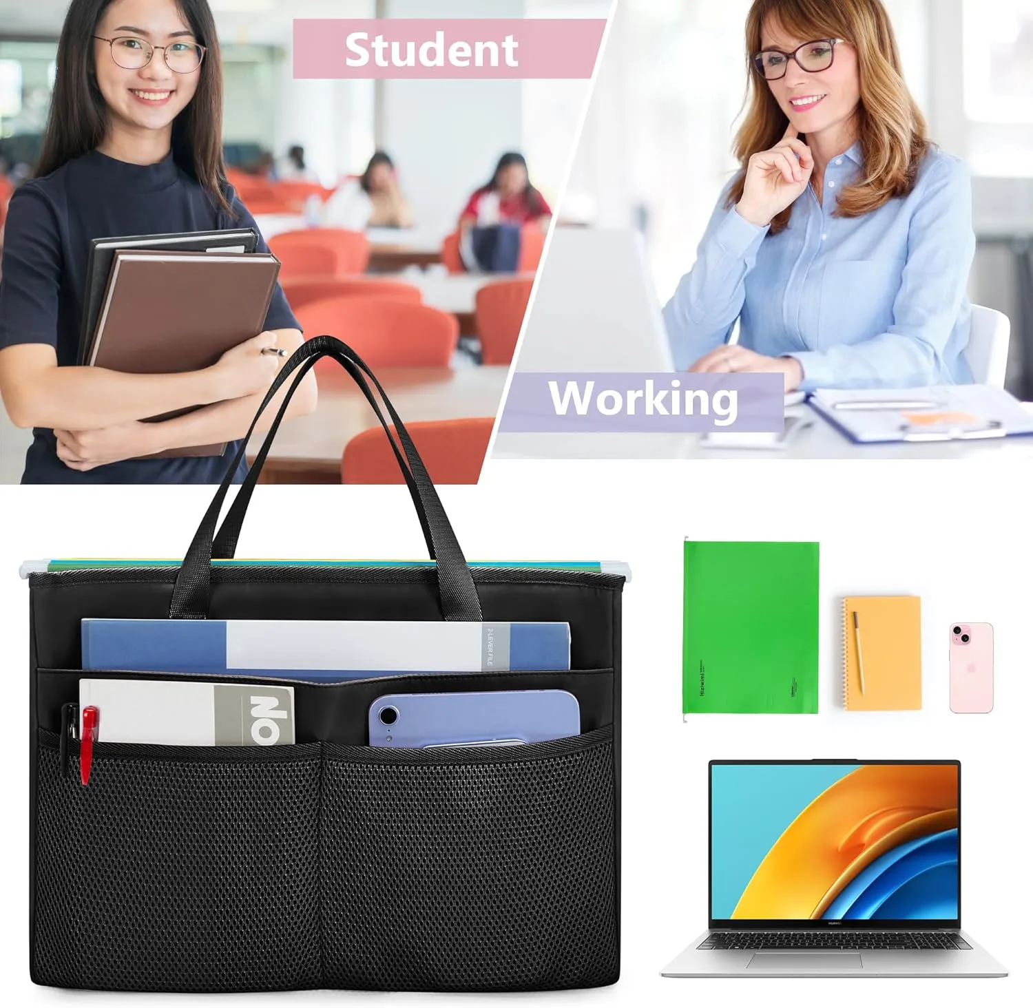 Desk File Organizer Tote Bag for Legal Size File Folder, Hanging File Storage Box with Pockets and Handle, Black (Patent Design), Large