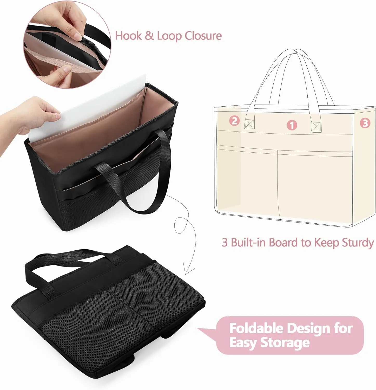 Desk File Organizer Tote Bag for Legal Size File Folder, Hanging File Storage Box with Pockets and Handle, Black (Patent Design), Large