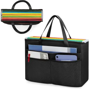 Desk File Organizer Tote Bag for Legal Size File Folder, Hanging File Storage Box with Pockets and Handle, Black (Patent Design), Large