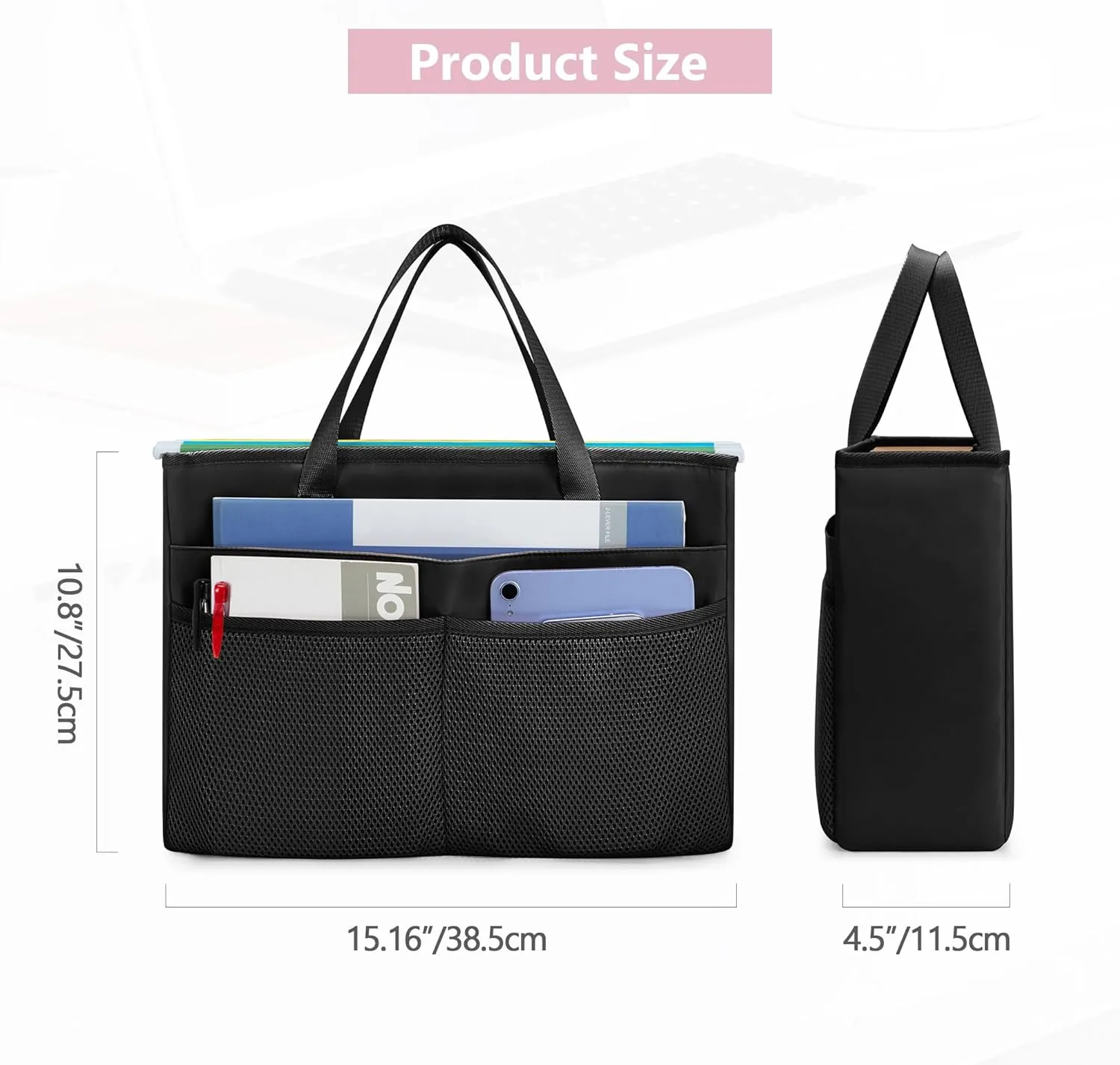 Desk File Organizer Tote Bag for Legal Size File Folder, Hanging File Storage Box with Pockets and Handle, Black (Patent Design), Large