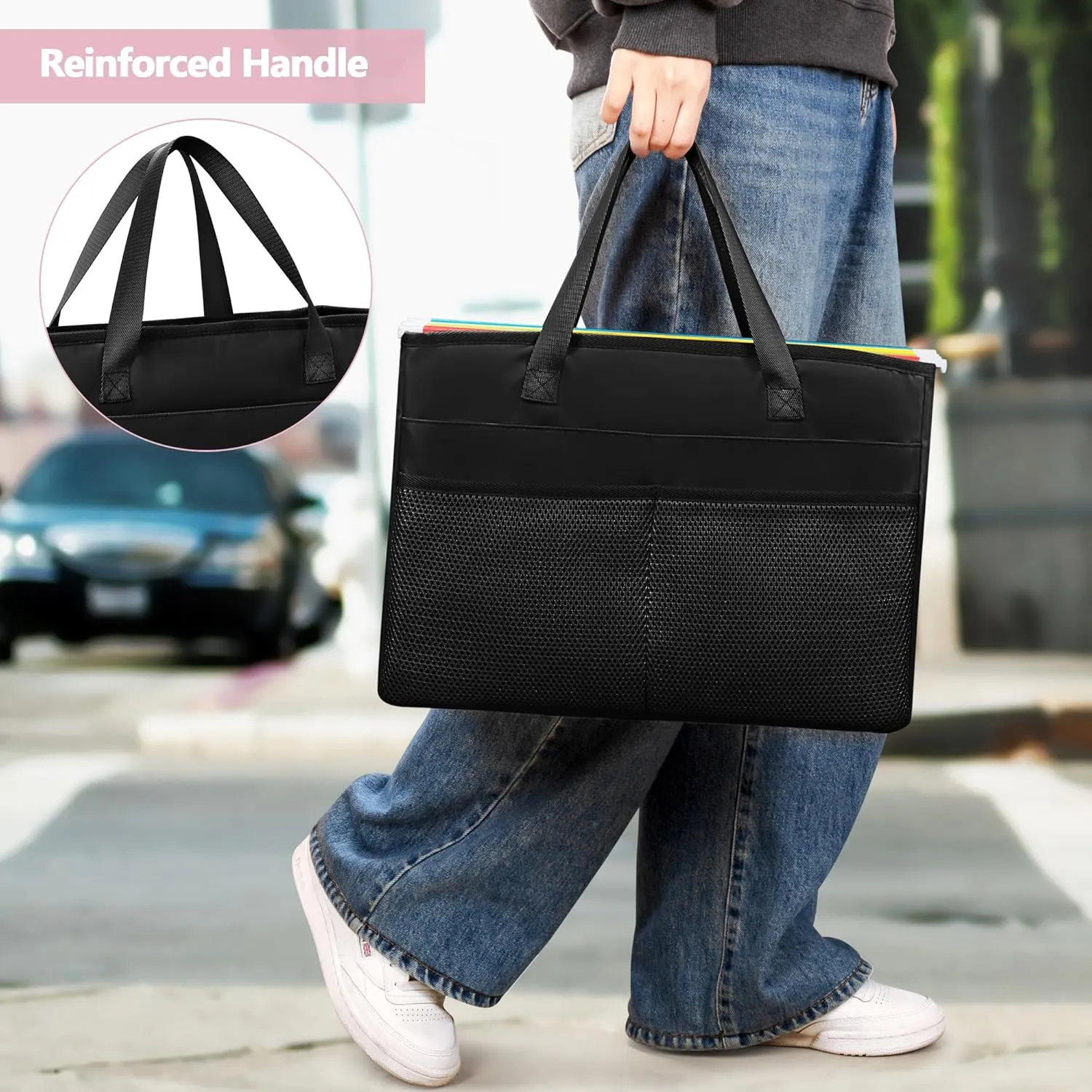 Desk File Organizer Tote Bag for Legal Size File Folder, Hanging File Storage Box with Pockets and Handle, Black (Patent Design), Large