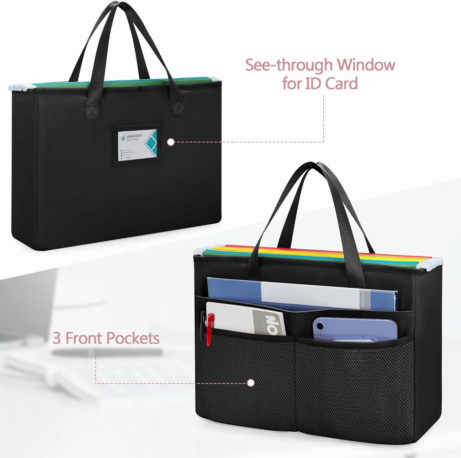 Desk File Organizer Tote Bag for Legal Size File Folder, Hanging File Storage Box with Pockets and Handle, Black (Patent Design), Large