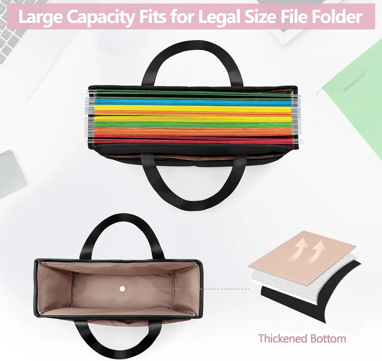 Desk File Organizer Tote Bag for Legal Size File Folder, Hanging File Storage Box with Pockets and Handle, Black (Patent Design), Large