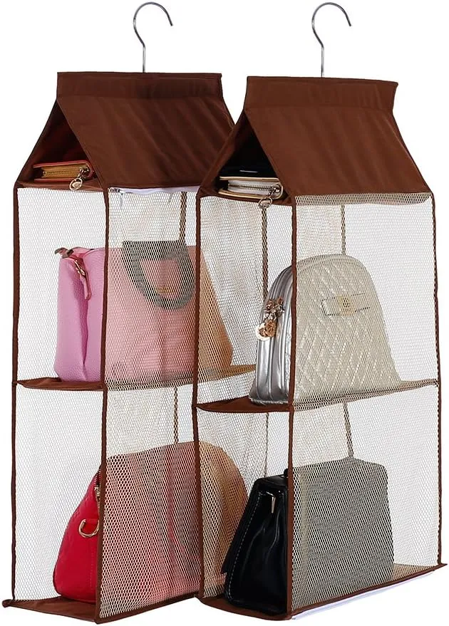 Detachable 4 Big Compartment Pouch Hanging Handbag Organizer Clear Purse Bag Storage Holder Wardrobe Closet Space Saving Organizers System for Living Room Bedroom Use(Pack of 2 Grey)