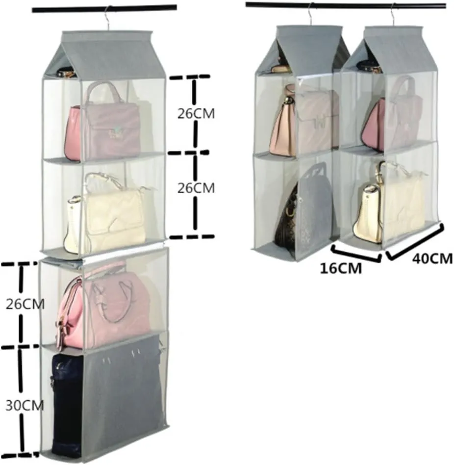 Detachable 4 Big Compartment Pouch Hanging Handbag Organizer Clear Purse Bag Storage Holder Wardrobe Closet Space Saving Organizers System for Living Room Bedroom Use(Pack of 2 Grey)