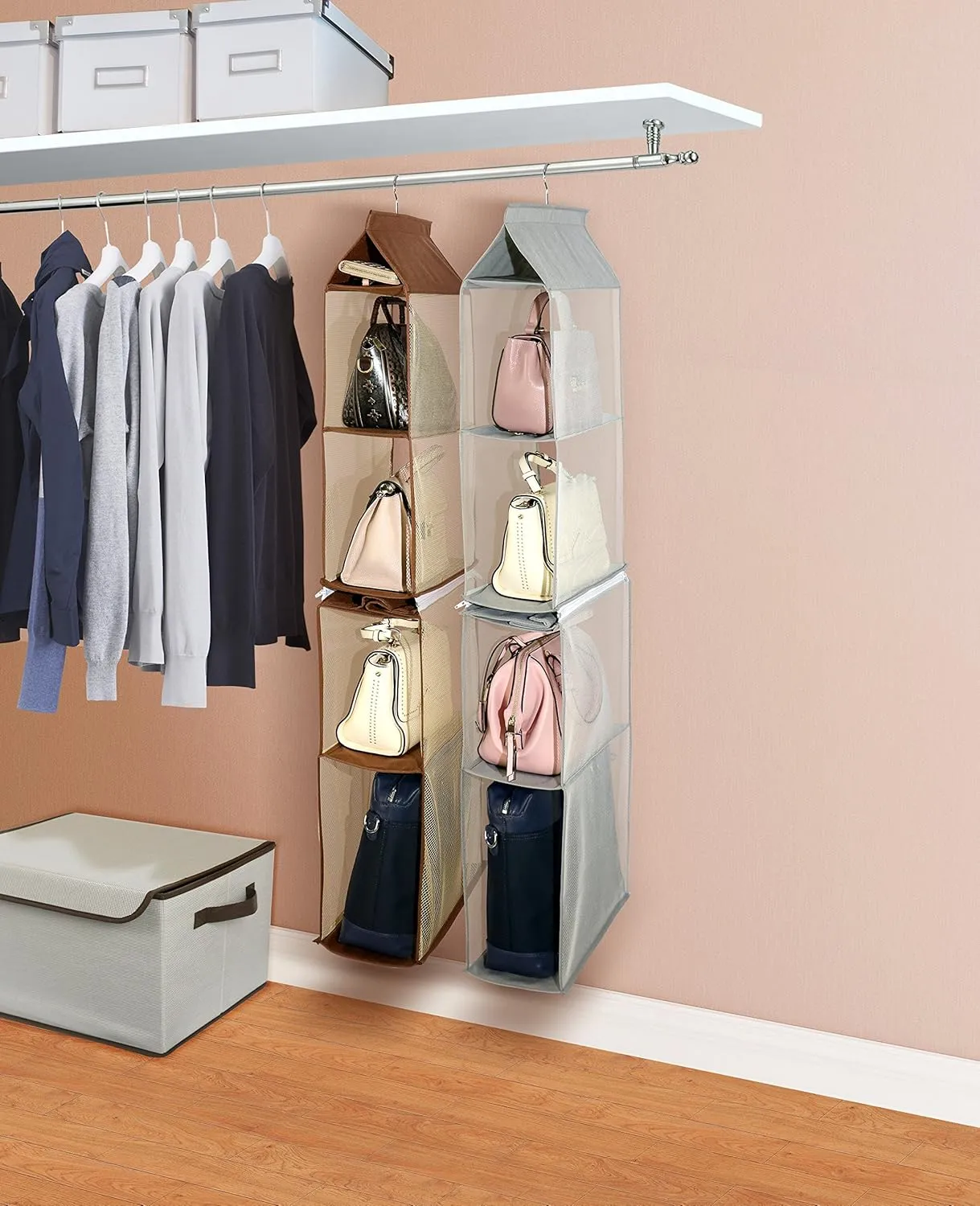 Detachable 4 Big Compartment Pouch Hanging Handbag Organizer Clear Purse Bag Storage Holder Wardrobe Closet Space Saving Organizers System for Living Room Bedroom Use(Pack of 2 Grey)