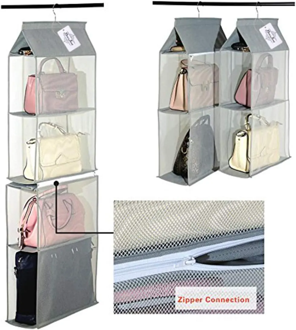 Detachable 4 Big Compartment Pouch Hanging Handbag Organizer Clear Purse Bag Storage Holder Wardrobe Closet Space Saving Organizers System for Living Room Bedroom Use(Pack of 2 Grey)