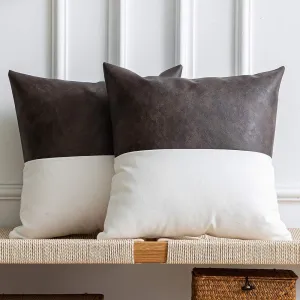 DEZENE Leather Throw Pillow Covers, Set of 2 Modern Leather/Cotton Decorative Pillowcases for Home Decor Bedroom Living Room Couch Bed Sofa, 18x18 Inch, Dark-Brown and White