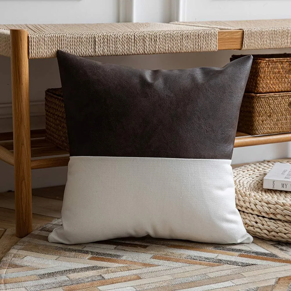 DEZENE Leather Throw Pillow Covers, Set of 2 Modern Leather/Cotton Decorative Pillowcases for Home Decor Bedroom Living Room Couch Bed Sofa, 18x18 Inch, Dark-Brown and White