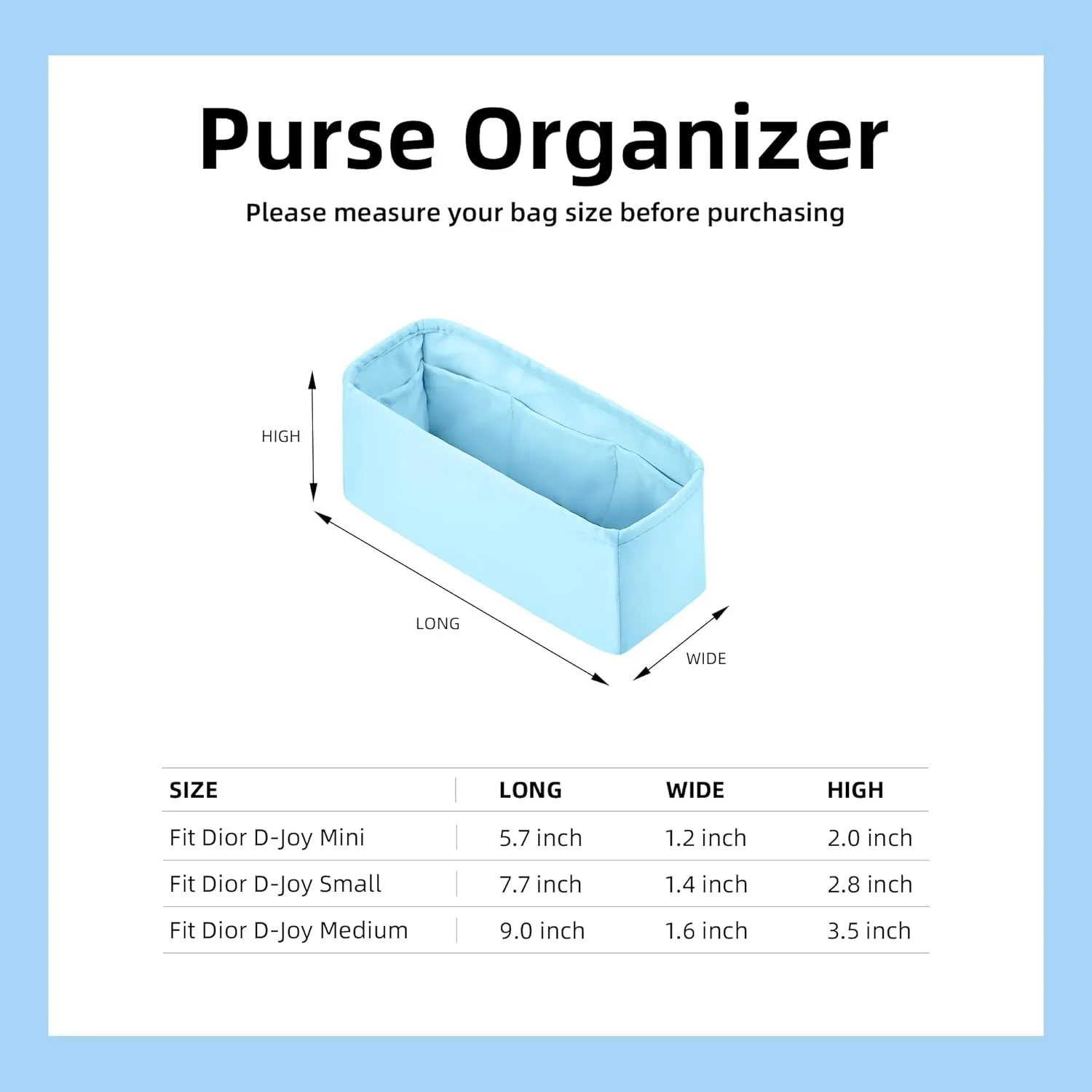 DGAZ Silk Purse Organizer Insert Fits Dior D-joy Bags,Silky Smooth Bag Organizer，Luxury Handbag & Tote Shaper(Candy Blue,D-joy S)