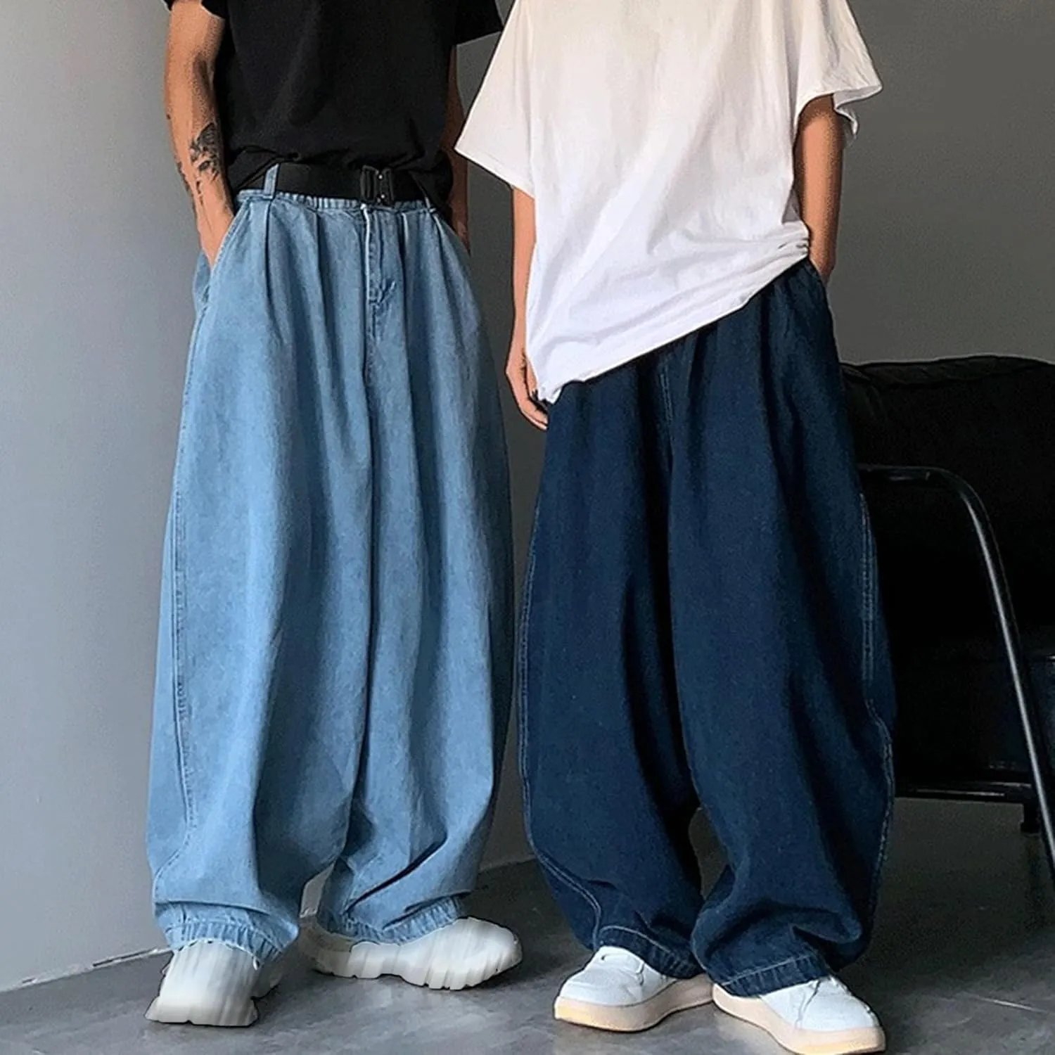 DGHM-JLMY Men's Retro Plus Size Casual Wide-Leg Jeans Baggy Hip Hop Streetwear Denim Pants Elastic Waist Loose Fit Jeans