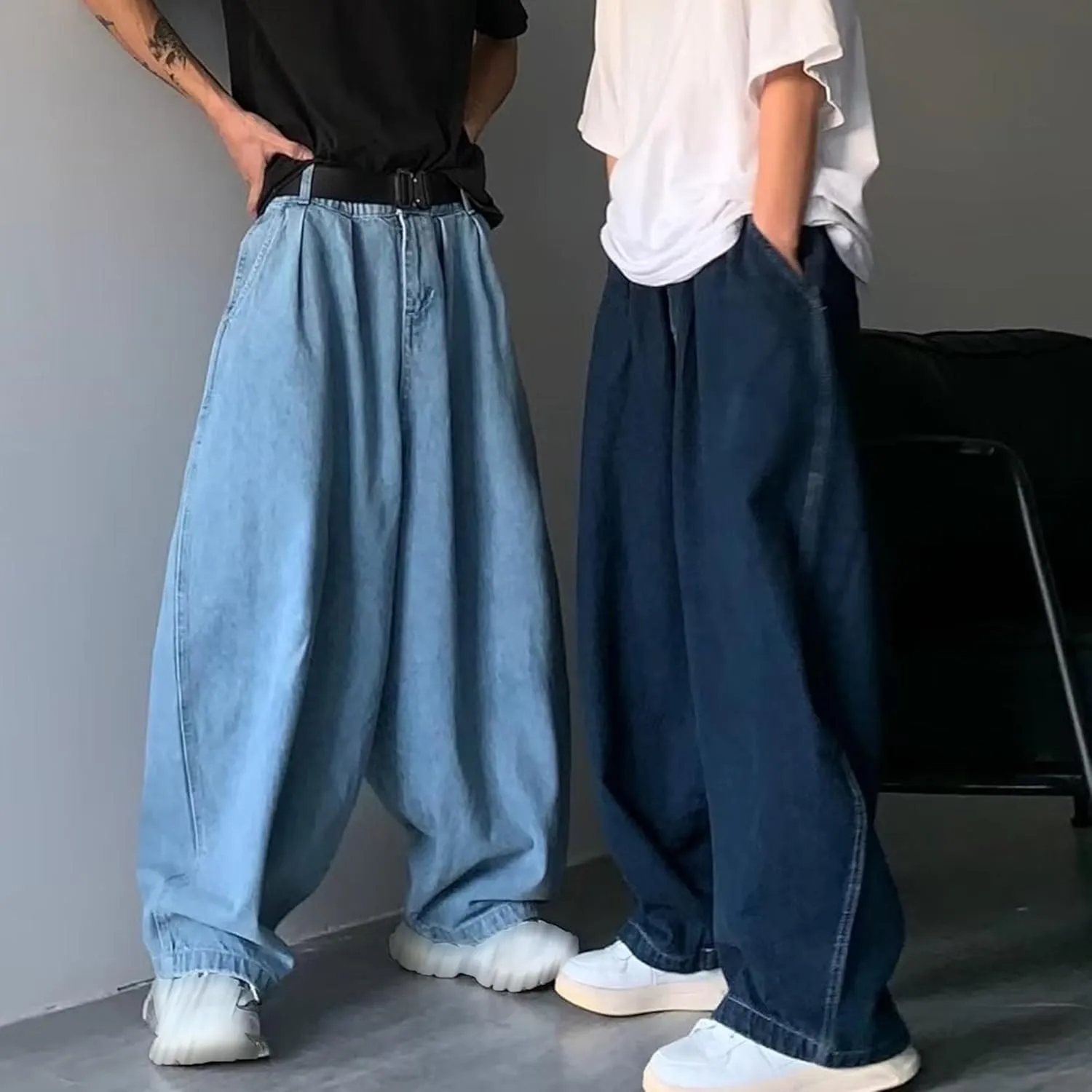 DGHM-JLMY Men's Retro Plus Size Casual Wide-Leg Jeans Baggy Hip Hop Streetwear Denim Pants Elastic Waist Loose Fit Jeans