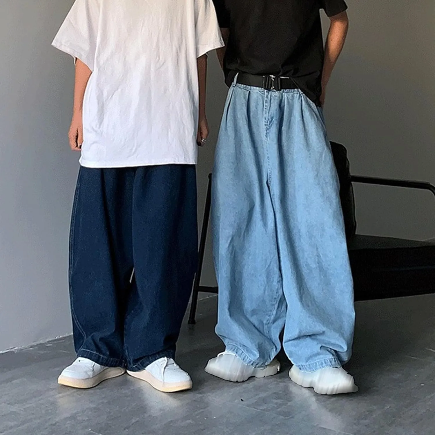 DGHM-JLMY Men's Retro Plus Size Casual Wide-Leg Jeans Baggy Hip Hop Streetwear Denim Pants Elastic Waist Loose Fit Jeans