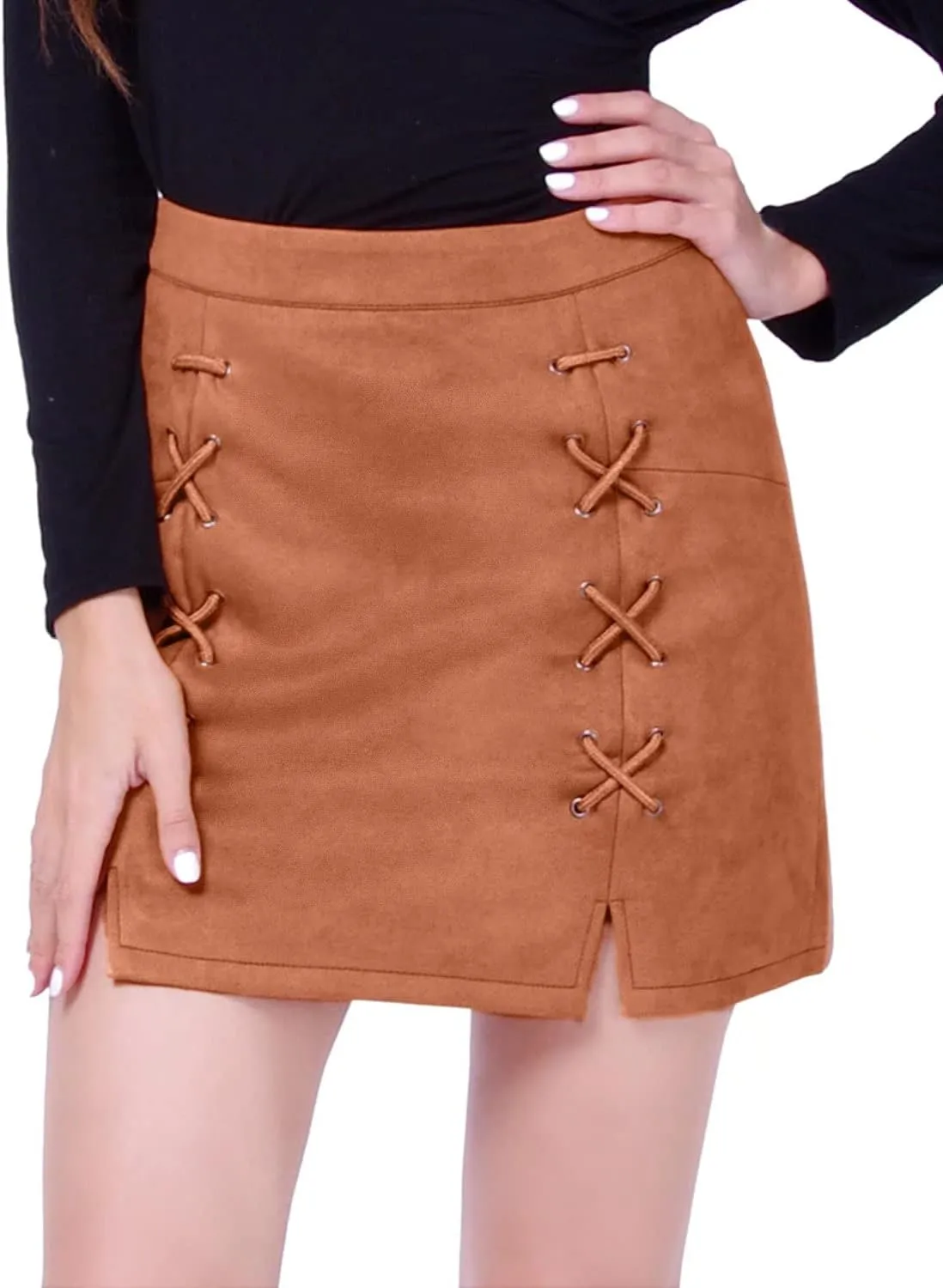 DIASHINY Womens Faux Suede Mini Skirt Above Knee Length Wrap A Line Winter Spring Fall