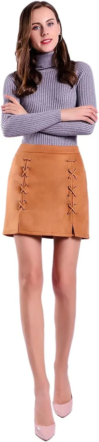 DIASHINY Womens Faux Suede Mini Skirt Above Knee Length Wrap A Line Winter Spring Fall