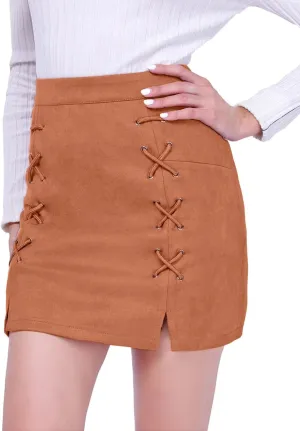 DIASHINY Womens Faux Suede Mini Skirt Above Knee Length Wrap A Line Winter Spring Fall