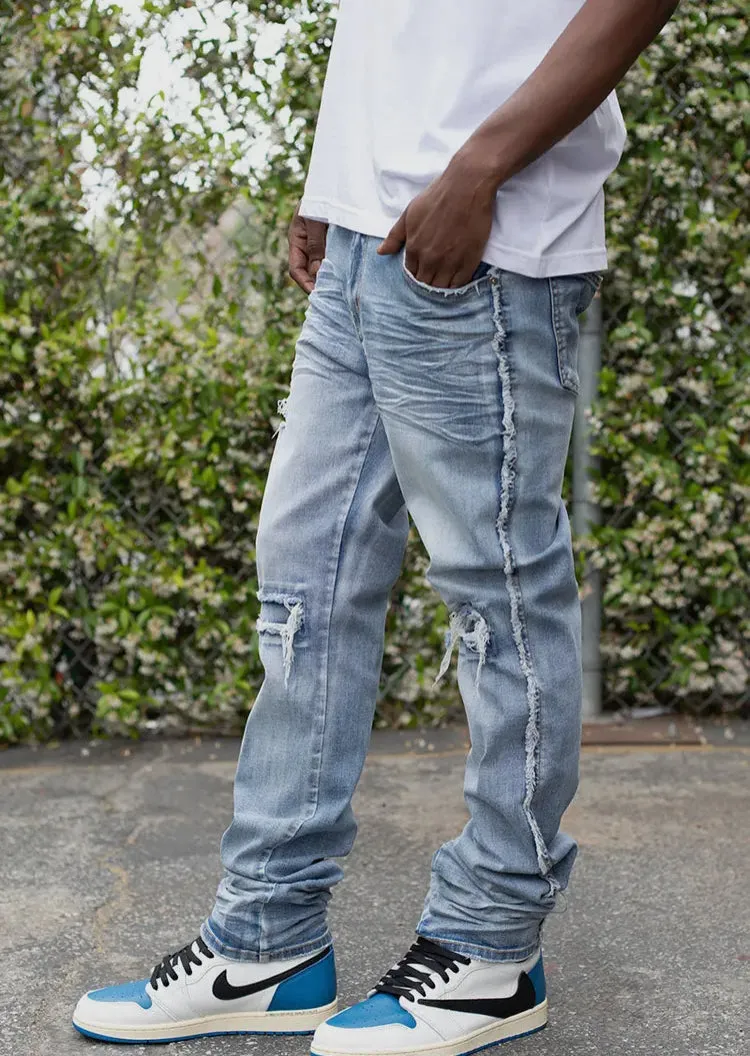 Distressed Fit Stacked Raw Denim Jeans