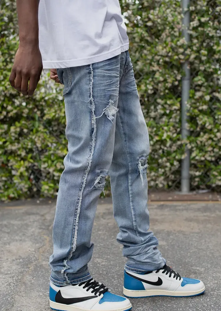 Distressed Fit Stacked Raw Denim Jeans
