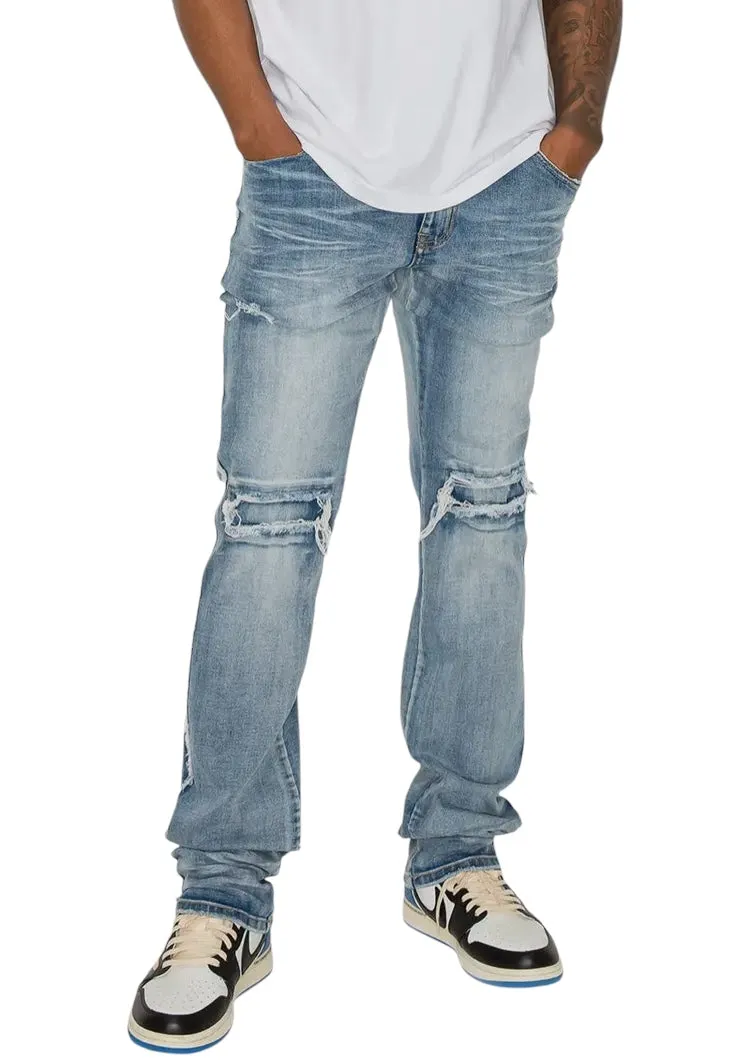 Distressed Fit Stacked Raw Denim Jeans