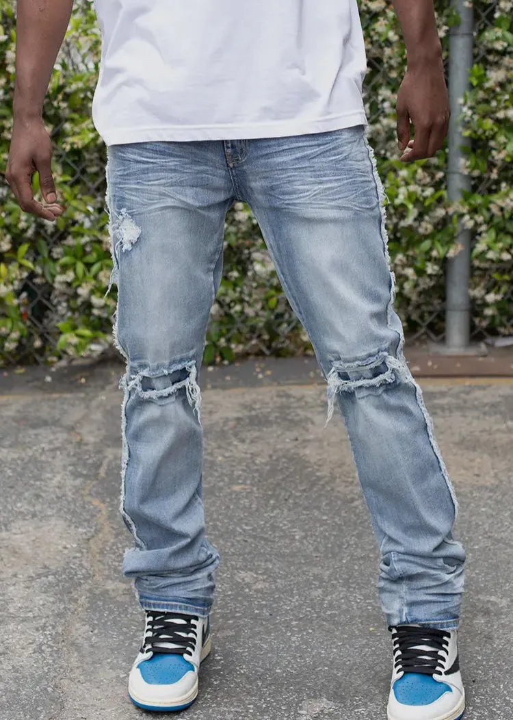 Distressed Fit Stacked Raw Denim Jeans