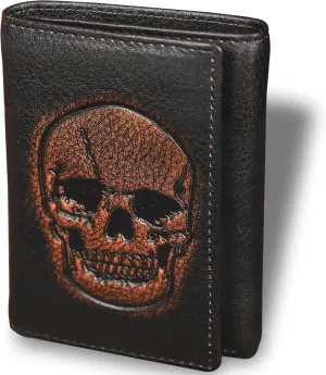 DK86 Skull Trifold Wallets for Men Full Grain Leather with Hand Burnished Tri-Fold Wallet RFID Blocking (Black and Brown: Style A)