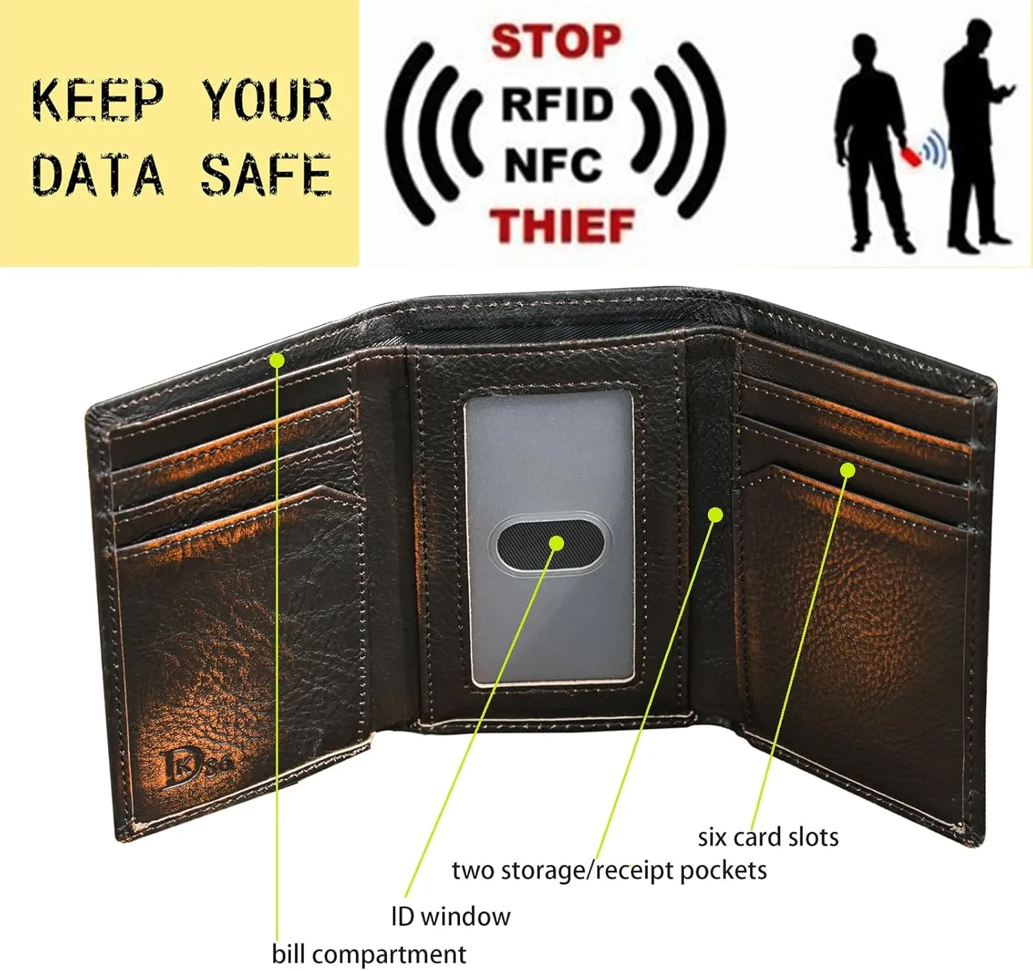 DK86 Skull Trifold Wallets for Men Full Grain Leather with Hand Burnished Tri-Fold Wallet RFID Blocking (Black and Brown: Style A)