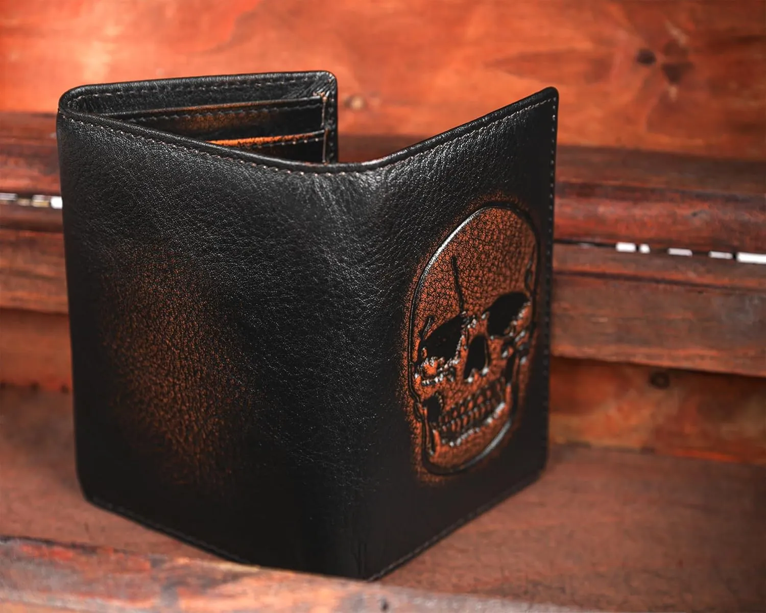 DK86 Skull Trifold Wallets for Men Full Grain Leather with Hand Burnished Tri-Fold Wallet RFID Blocking (Black and Brown: Style A)