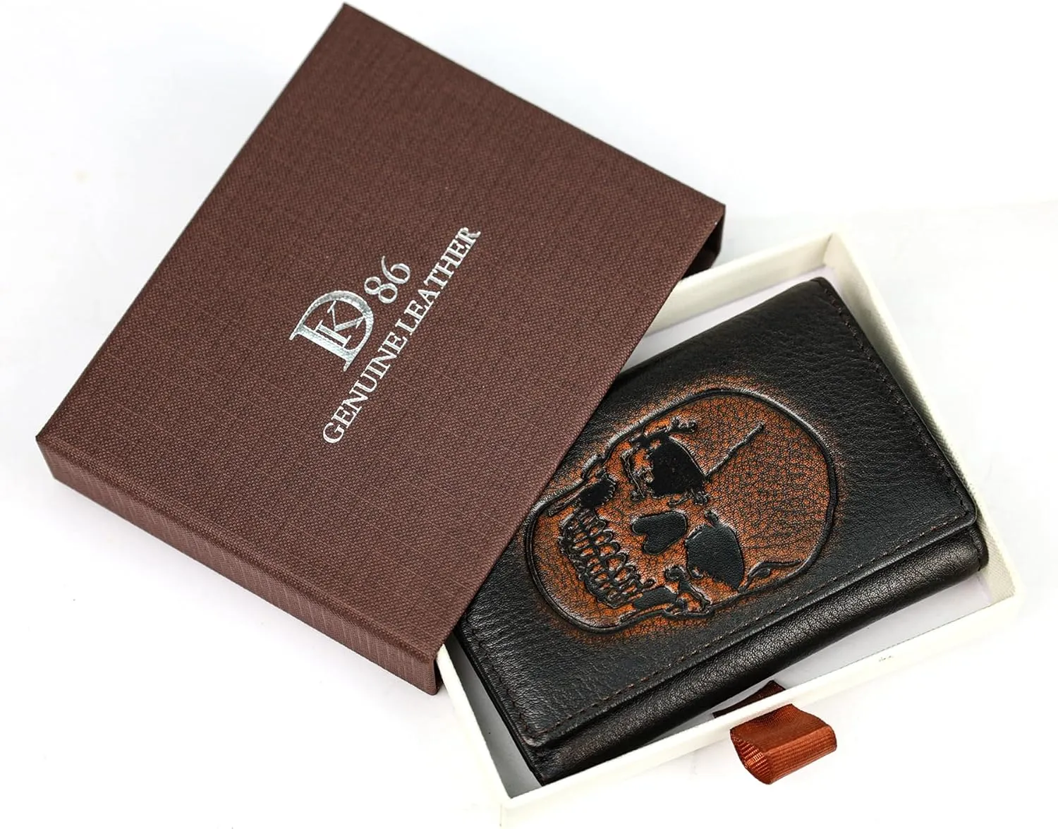 DK86 Skull Trifold Wallets for Men Full Grain Leather with Hand Burnished Tri-Fold Wallet RFID Blocking (Black and Brown: Style A)