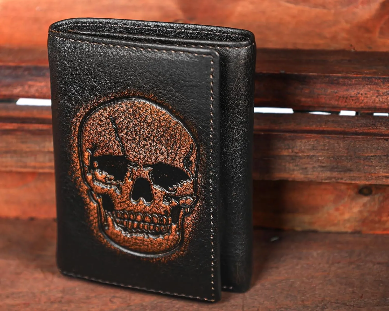 DK86 Skull Trifold Wallets for Men Full Grain Leather with Hand Burnished Tri-Fold Wallet RFID Blocking (Black and Brown: Style A)