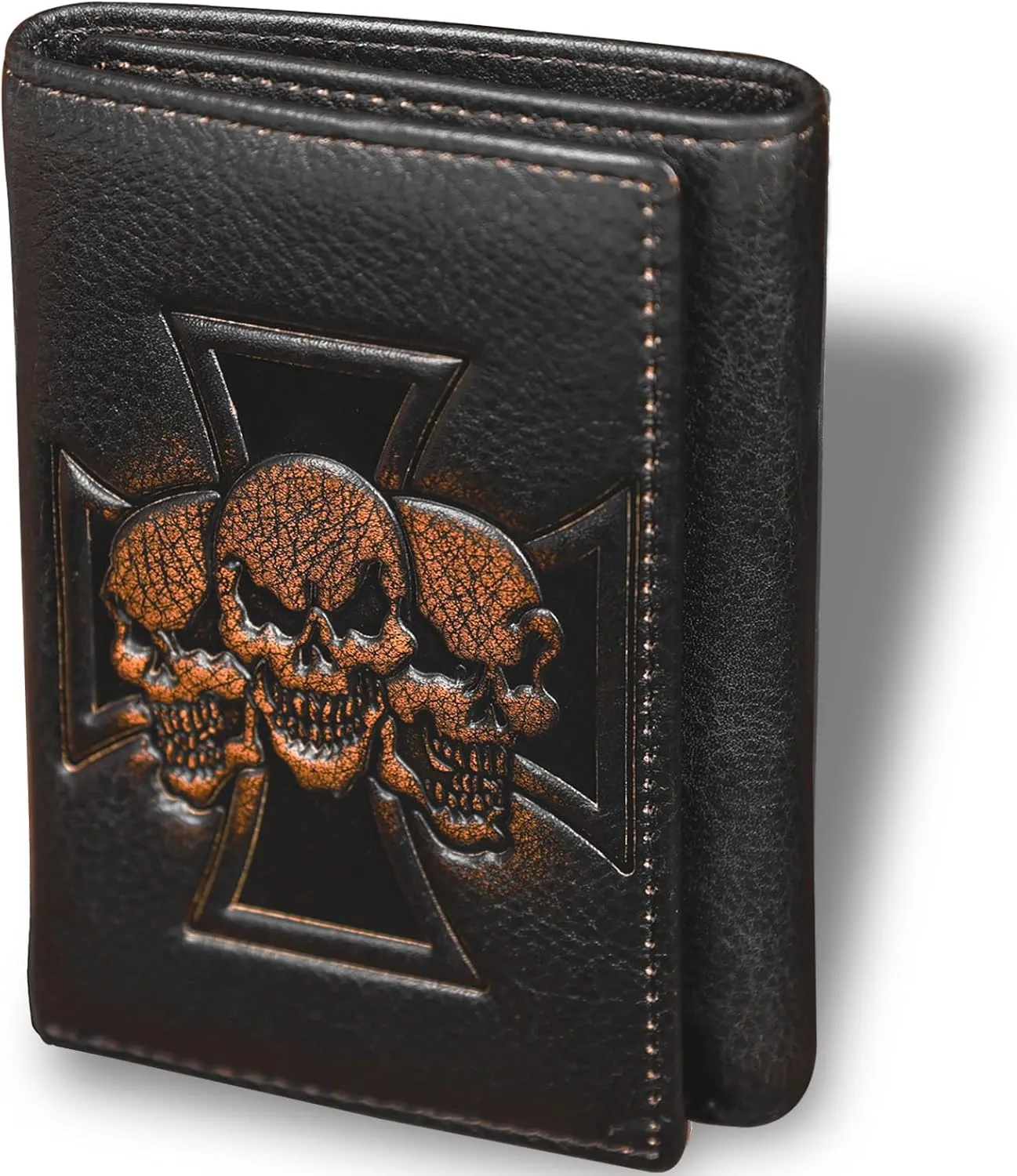 DK86 Skull Trifold Wallets for Men Full Grain Leather with Hand Burnished Tri-Fold Wallet RFID Blocking (Black and Brown: Style B)