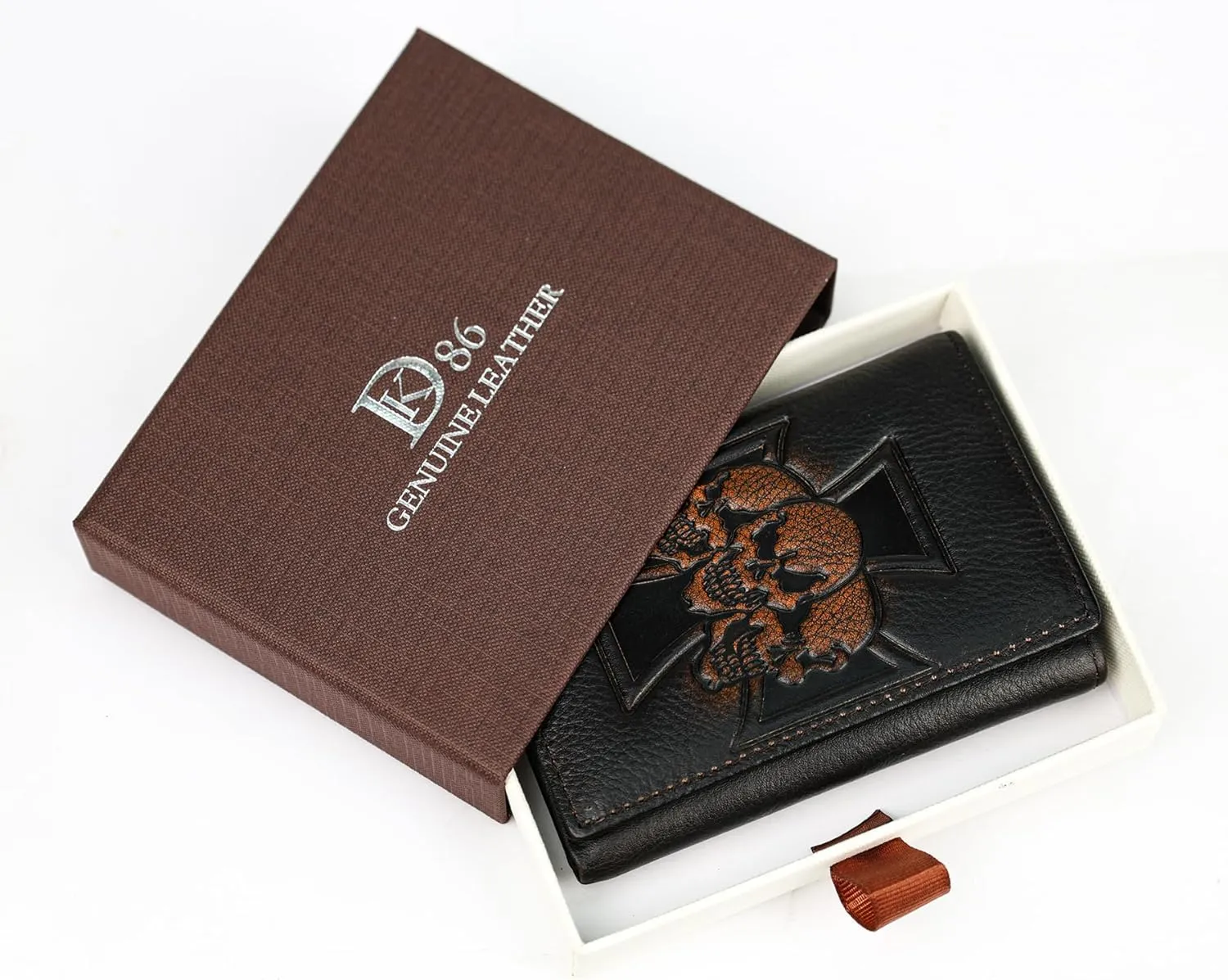 DK86 Skull Trifold Wallets for Men Full Grain Leather with Hand Burnished Tri-Fold Wallet RFID Blocking (Black and Brown: Style B)
