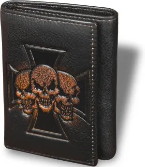 DK86 Skull Trifold Wallets for Men Full Grain Leather with Hand Burnished Tri-Fold Wallet RFID Blocking (Black and Brown: Style B)