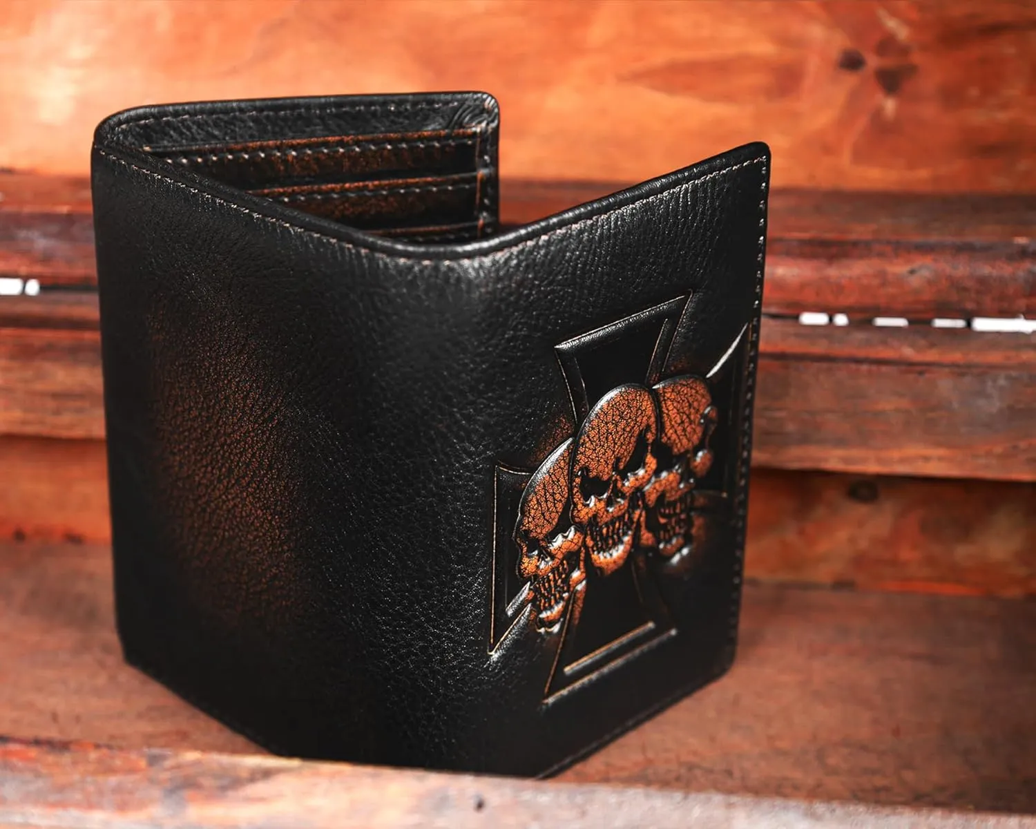 DK86 Skull Trifold Wallets for Men Full Grain Leather with Hand Burnished Tri-Fold Wallet RFID Blocking (Black and Brown: Style B)