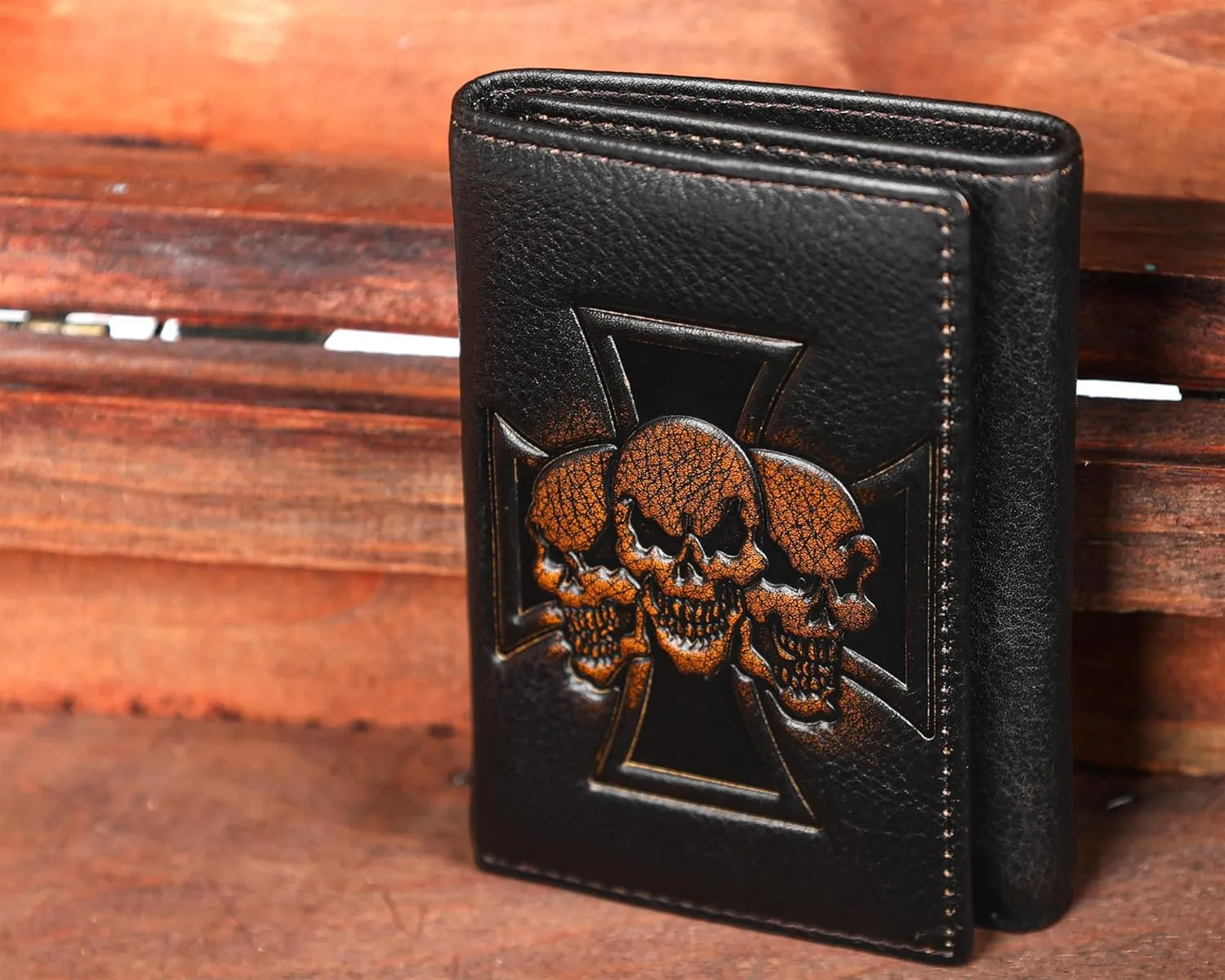 DK86 Skull Trifold Wallets for Men Full Grain Leather with Hand Burnished Tri-Fold Wallet RFID Blocking (Black and Brown: Style B)