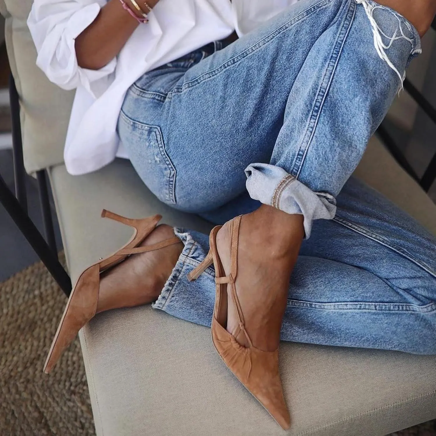 DOEYG Pointed Toe Slingback Heels for Women Sexy Buckle Strap Slingback Pumps Stiletto Heels Wedding Party Dress Backless Heeled Pumps