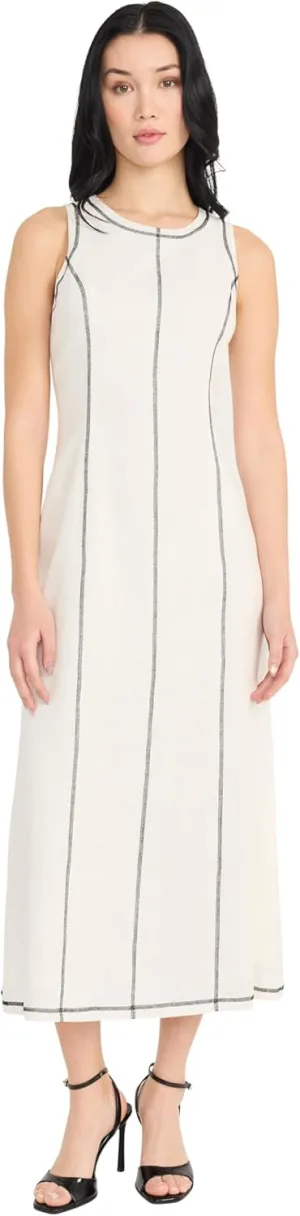 Donna Morgan Women's Linen Rayon Sleeveless Midi Length Formal Contrast Stitching-Elegant Wedding Guest Dress