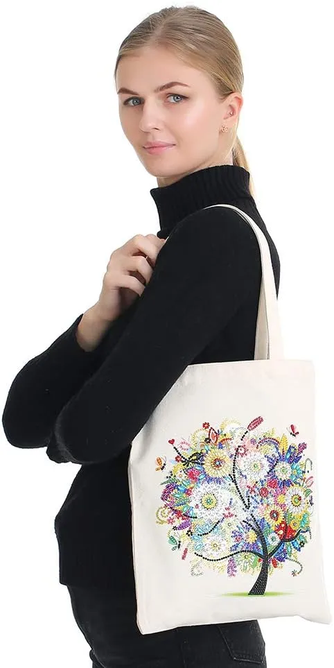 DOOSAI 4 Pack Diamond Painting Canvas Tote Bags Art Kits 5D Boho Diamond Dots Dotz Kits Reusable Grocery Bags DIY Handbags Handmade Gifts Shopping Bags for Women Adults (Spring Summer Fall Winter)