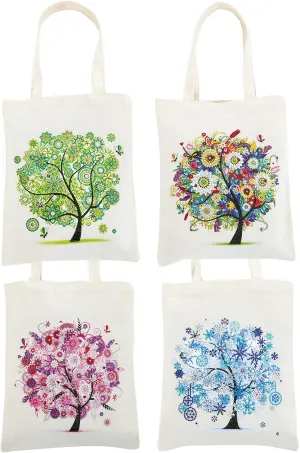 DOOSAI 4 Pack Diamond Painting Canvas Tote Bags Art Kits 5D Boho Diamond Dots Dotz Kits Reusable Grocery Bags DIY Handbags Handmade Gifts Shopping Bags for Women Adults (Spring Summer Fall Winter)