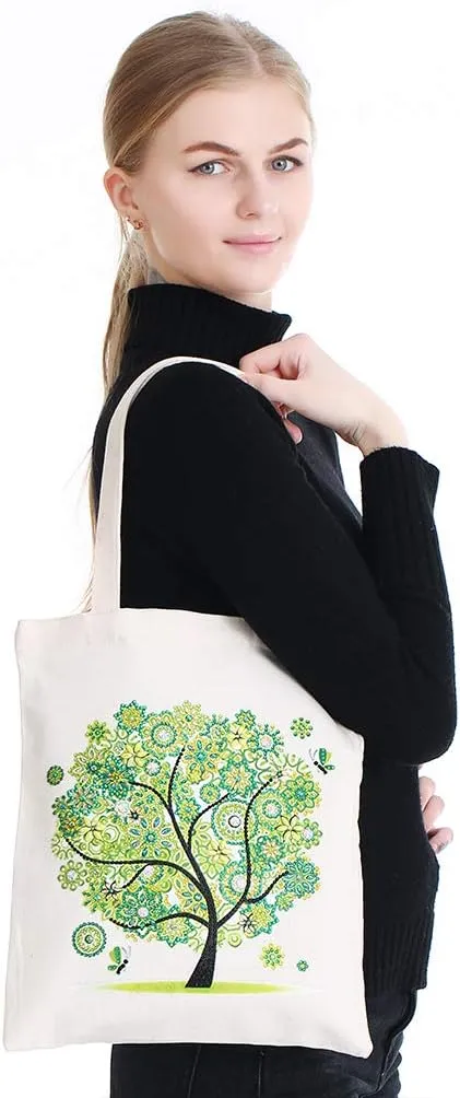 DOOSAI 4 Pack Diamond Painting Canvas Tote Bags Art Kits 5D Boho Diamond Dots Dotz Kits Reusable Grocery Bags DIY Handbags Handmade Gifts Shopping Bags for Women Adults (Spring Summer Fall Winter)