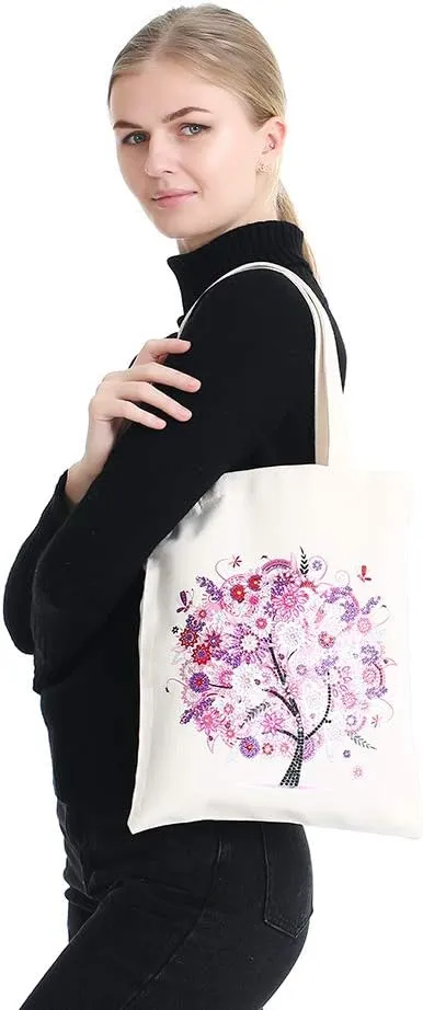 DOOSAI 4 Pack Diamond Painting Canvas Tote Bags Art Kits 5D Boho Diamond Dots Dotz Kits Reusable Grocery Bags DIY Handbags Handmade Gifts Shopping Bags for Women Adults (Spring Summer Fall Winter)