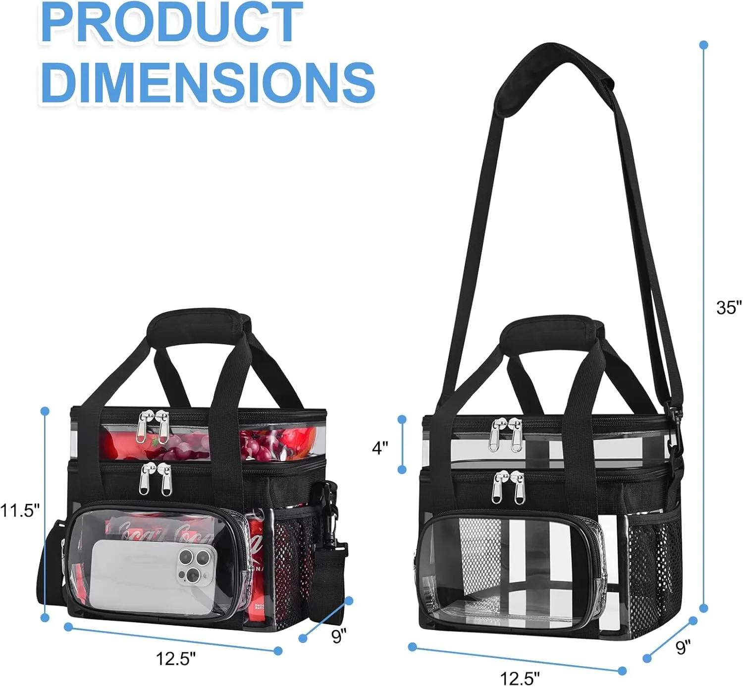 Double-Deck Clear Lunch Bag for Work,Reusable Clear Lunch Box with Adjustable Strap Front Pocket and Top Compartment for Picnic, Beach, Work, School(Large)