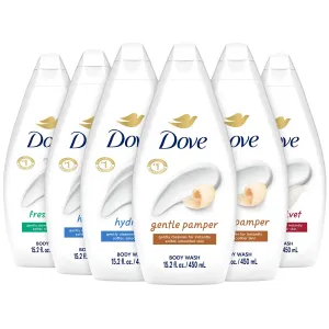 Dove Body Wash Variety 6-Pack – Hydrate, Gentle Pamper, Fresh Care, and Silky Velvet, 15.22 Oz Ea