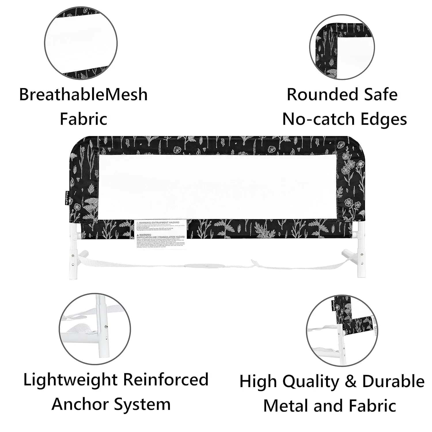 Dream On Me Lightweight Mesh Security Adjustable Bed Rail Double Pack with Breathable Mesh Fabric in Black and White, 2 Count (Pack of 1)
