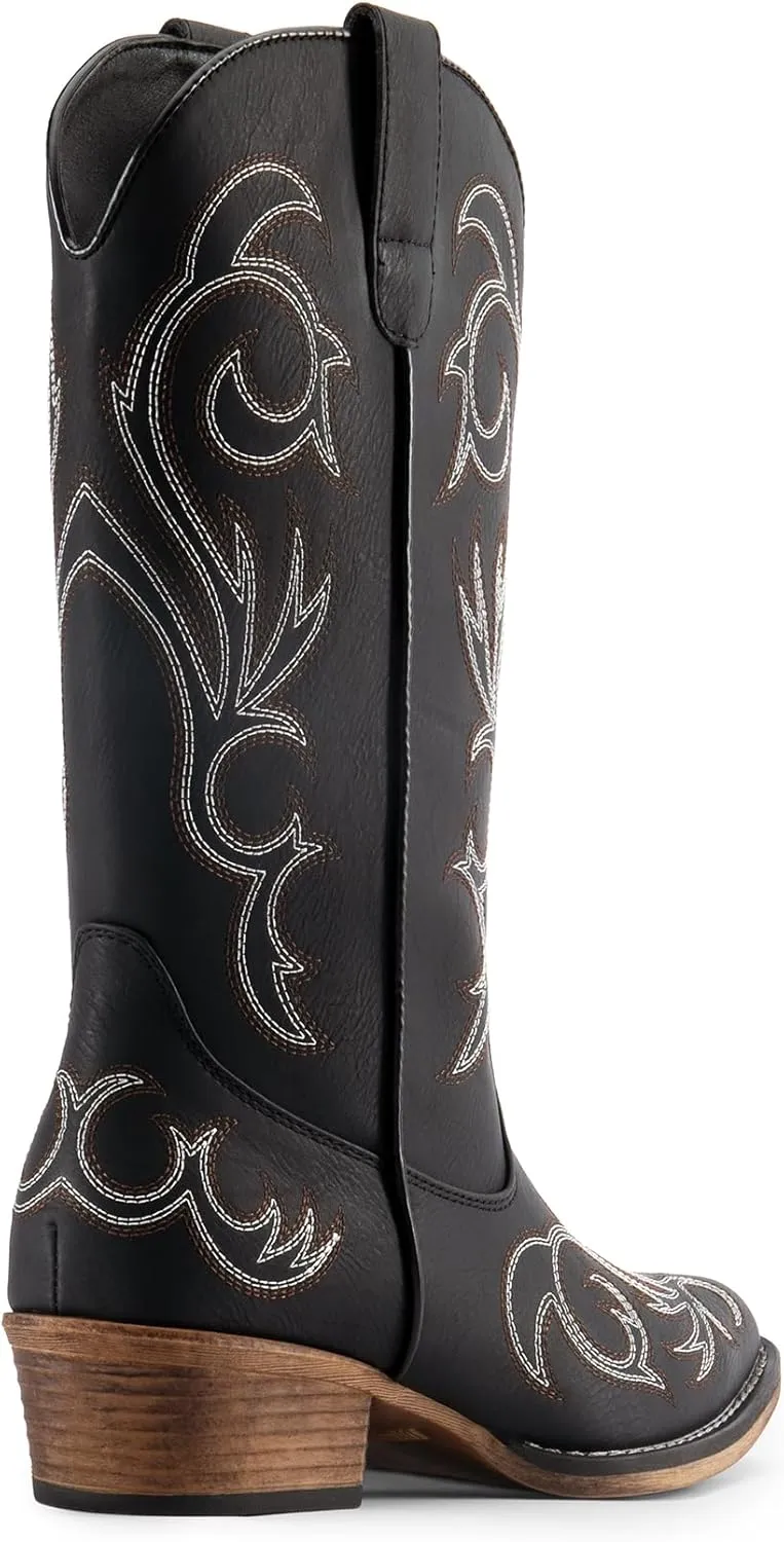 DREAM PAIRS Women's Cowboy Boots Mid Calf Cowgirl Boots Square Toe Chunky Heel Embroidery Stitched Western Boots