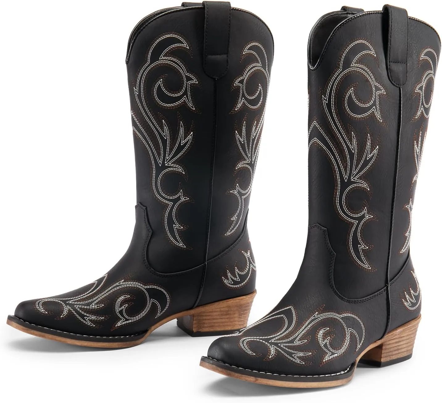 DREAM PAIRS Women's Cowboy Boots Mid Calf Cowgirl Boots Square Toe Chunky Heel Embroidery Stitched Western Boots