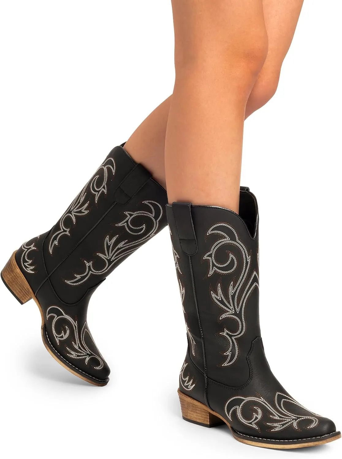 DREAM PAIRS Women's Cowboy Boots Mid Calf Cowgirl Boots Square Toe Chunky Heel Embroidery Stitched Western Boots