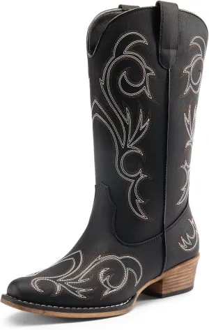DREAM PAIRS Women's Cowboy Boots Mid Calf Cowgirl Boots Square Toe Chunky Heel Embroidery Stitched Western Boots