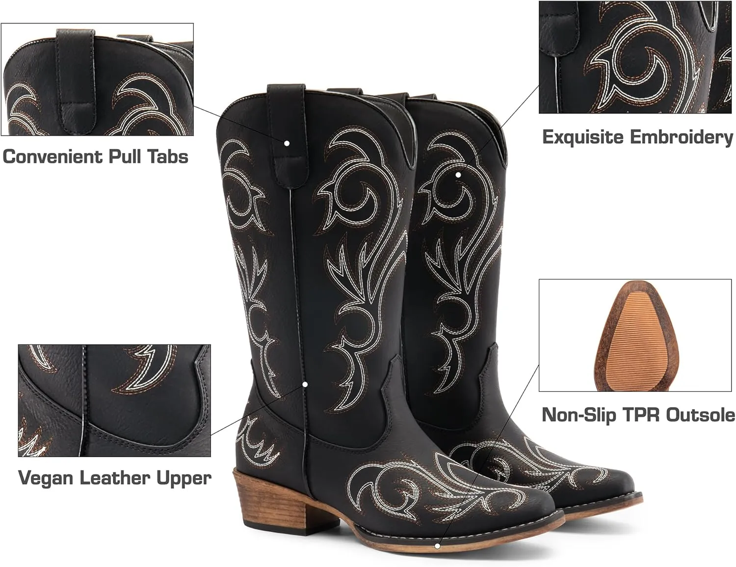 DREAM PAIRS Women's Cowboy Boots Mid Calf Cowgirl Boots Square Toe Chunky Heel Embroidery Stitched Western Boots